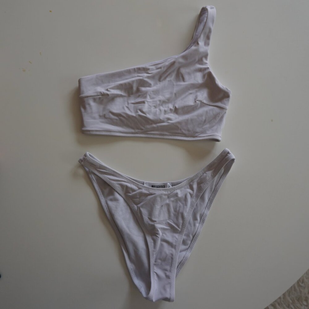 White Asymmetrical High Cut White Bikini Set